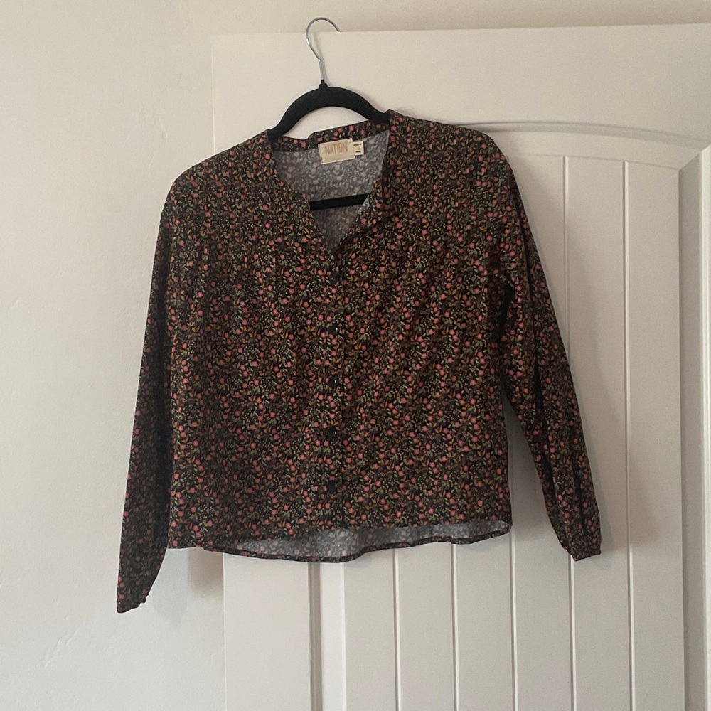 Nation LTD Black Floral Button-Front Long Sleeve Top with Pink and Green Prints
